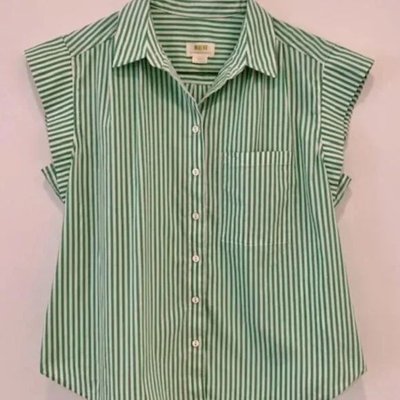 Anthropologie Maeve Buttondown Shirt Striped Clarise Cap Sleeve Green Top Size M - Picture 6 of 6